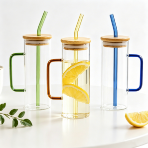 Elegant Glass Mug Set with Colorful Handles & Bamboo Lids